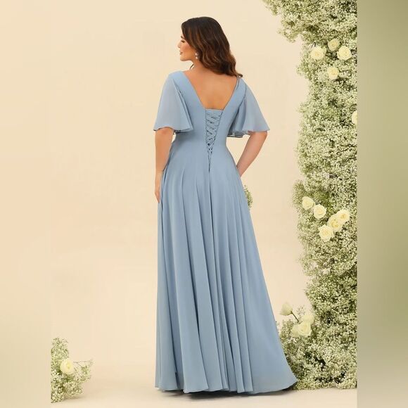 Lavetir A-Line V-Neck Half Sleeves Split Side Chiffon Mulberry Bridesmaid Dress - Picture 2 of 13